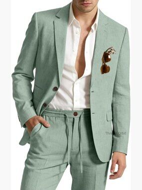 Men's Linen 2 Piece Suit Slim Fit Blazer & Drawstring Pant Set